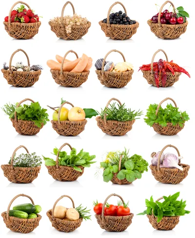 Collection Of Wicker Baskets Filled With Fresh Produce