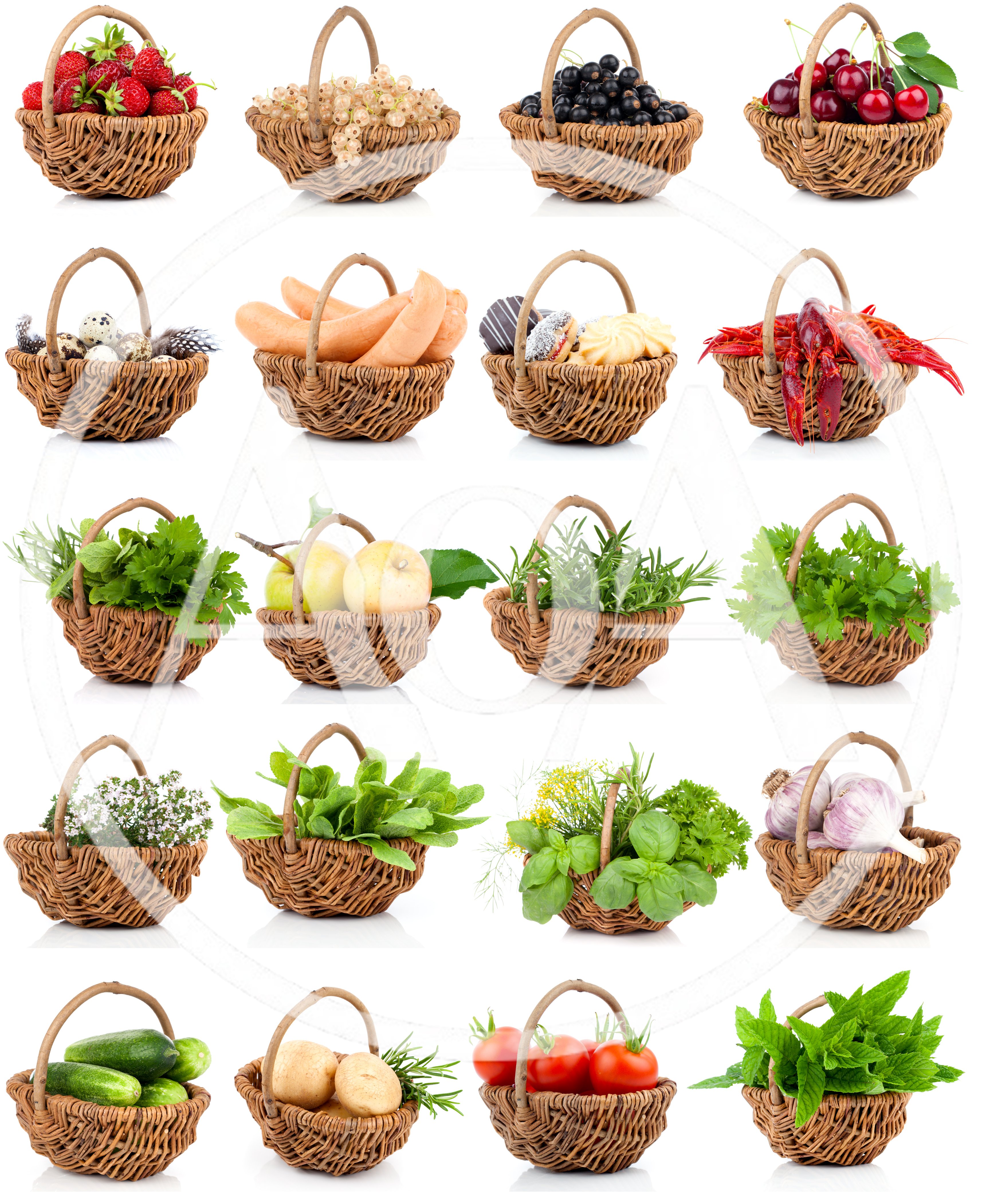 Collection Of Wicker Baskets Filled With Fresh Produce