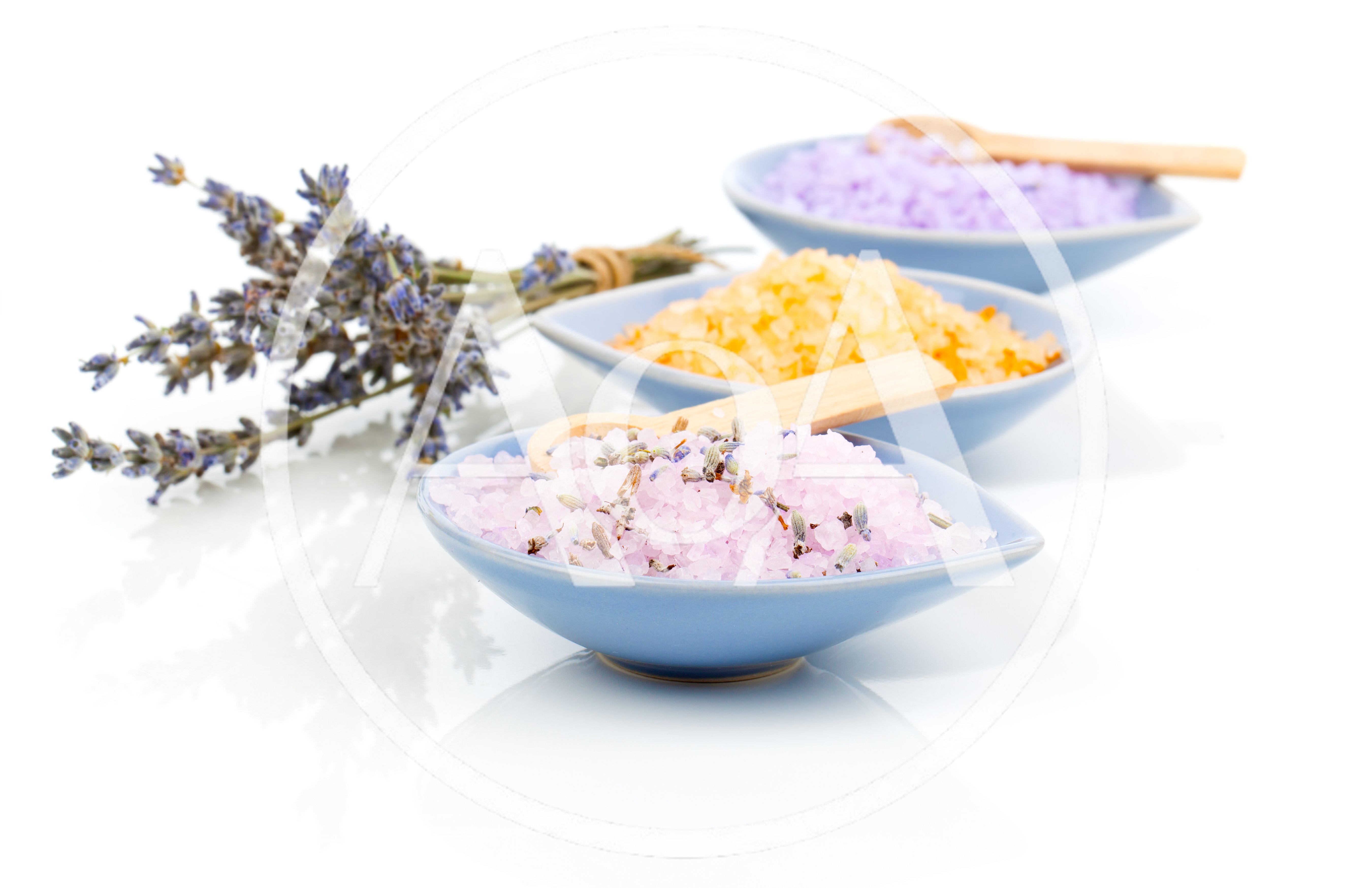 Three Bowls Of Bath Salts With Lavender Sprigs
