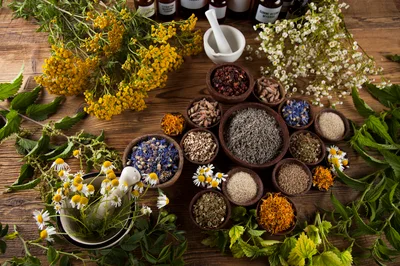 Assorted Dried Herbs And Flowers For Natural Medicine