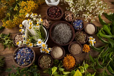 Assorted Dried Herbs And Flowers In Wooden Bowls