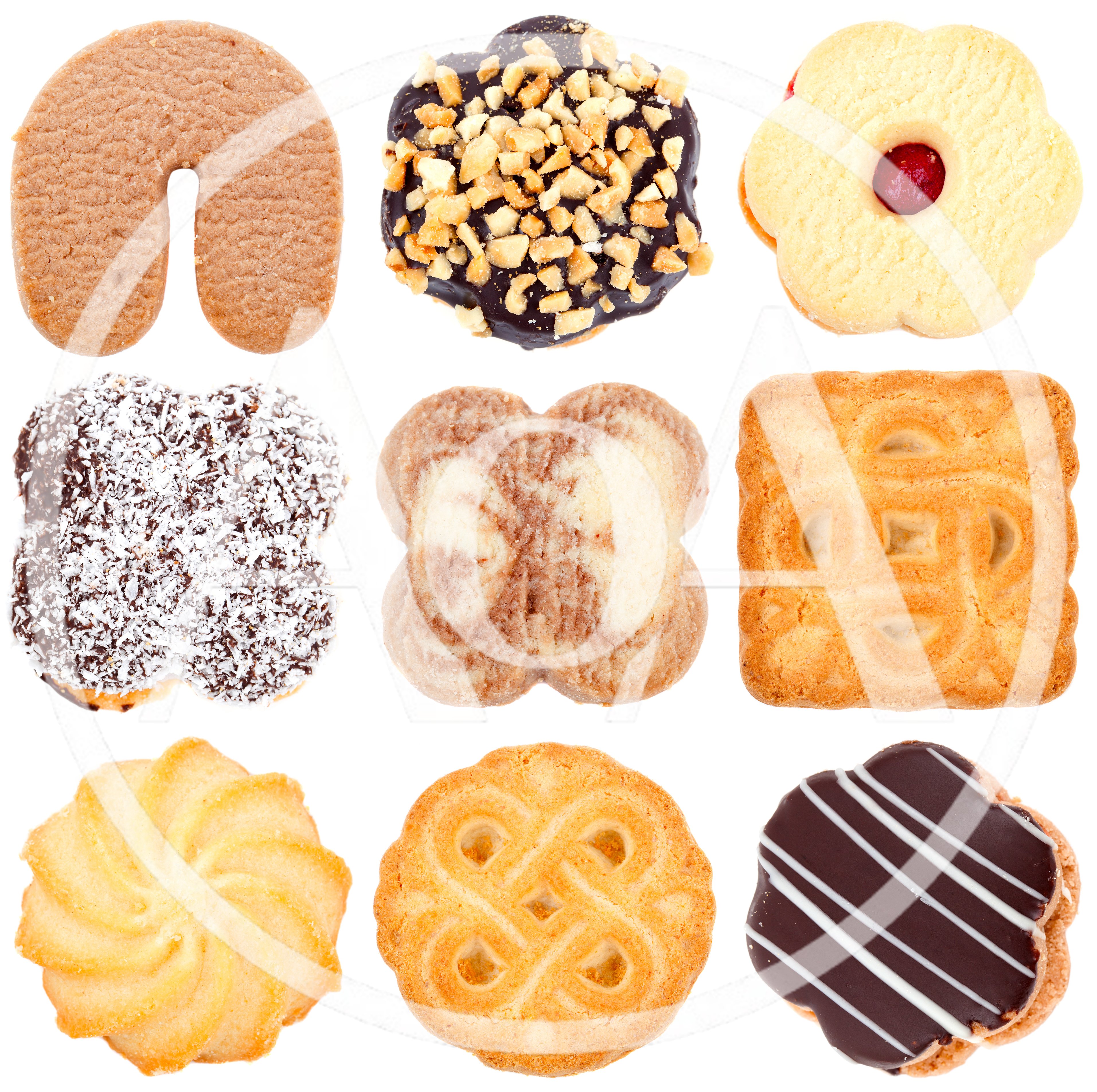 Assorted Gourmet Cookies Arranged on White Background