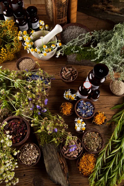 Herbal Medicine Preparation With Dried Herbs And Apothecary Bottles
