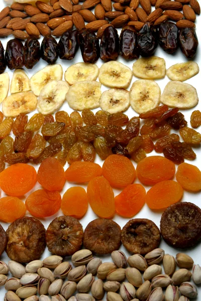 Assorted Dried Fruits and Nuts Arranged in Rows