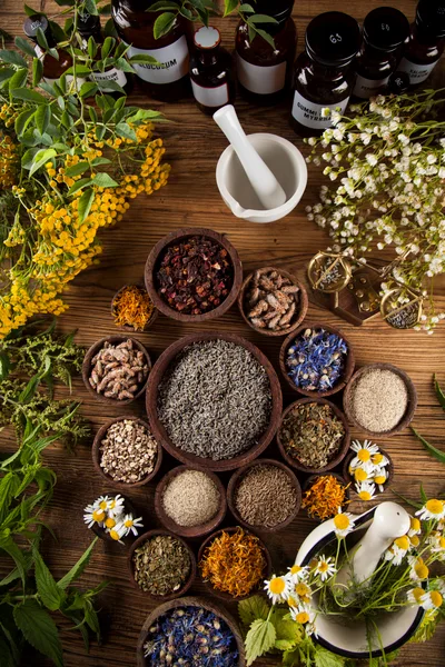 Herbal Medicine Preparation With Dried Herbs And Apothecary Jars