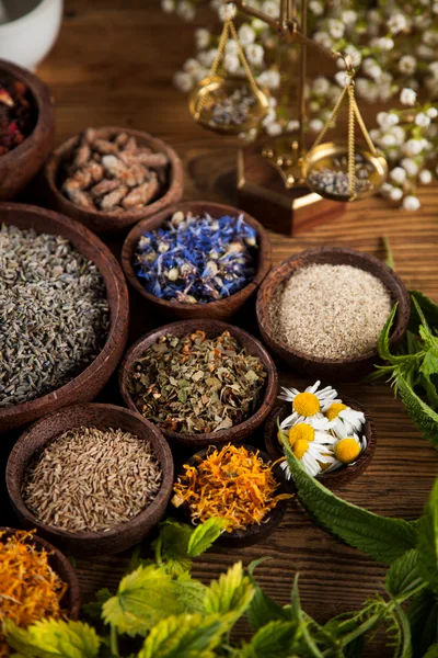 Assorted Dried Herbs And Flowers In Wooden Bowls