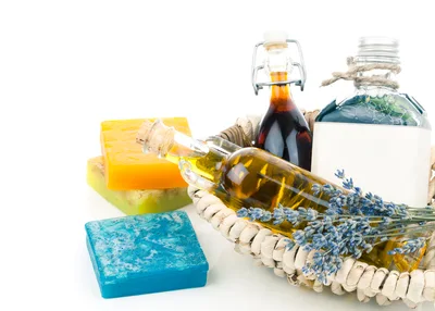 Spa Products and Essential Oils in Wicker Basket