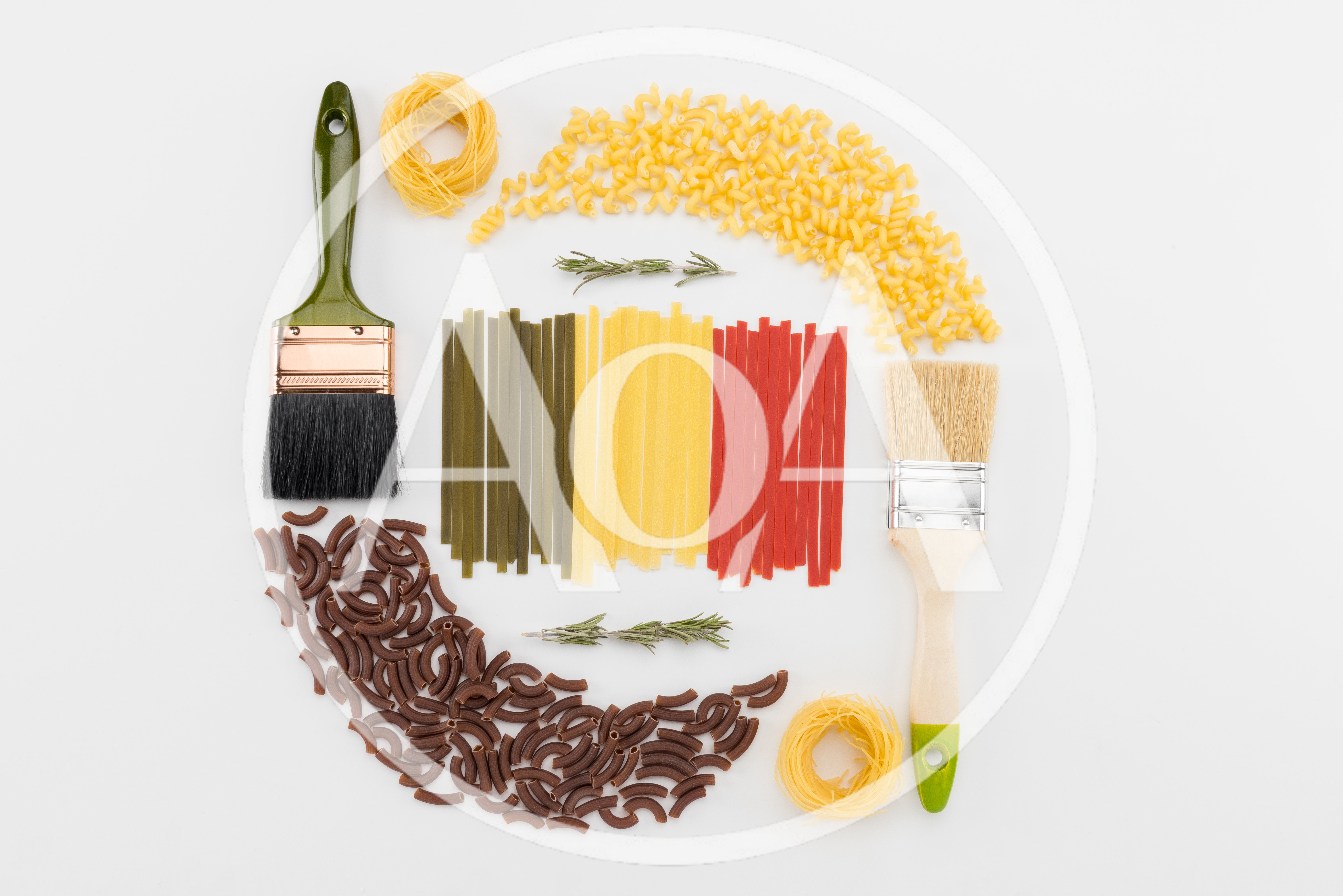 Pasta Arranged As The Belgian Flag With Paintbrushes