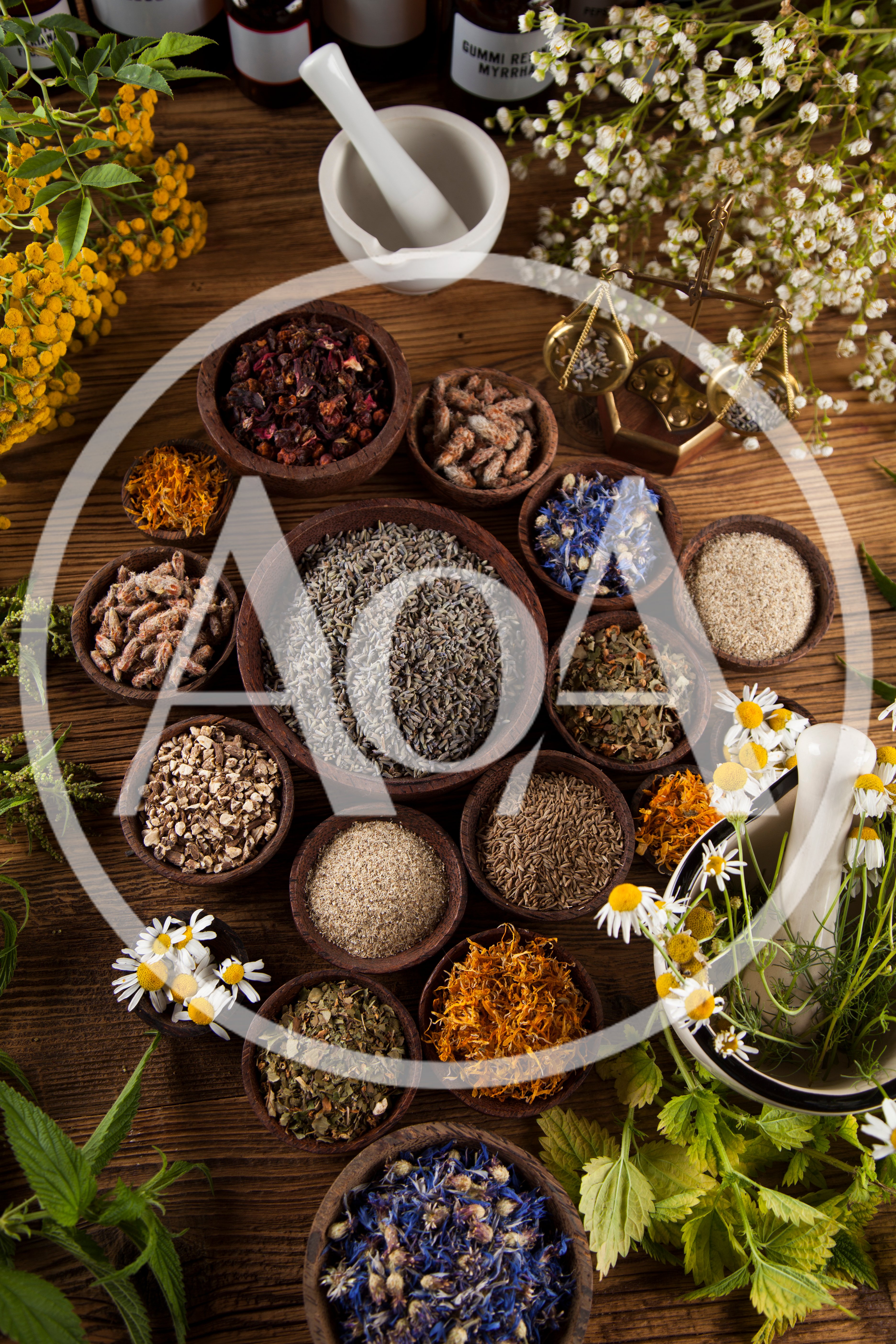 Assorted Dried Herbs And Spices In Wooden Bowls