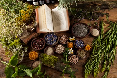 Herbal Medicine Preparation With Dried Herbs And Book