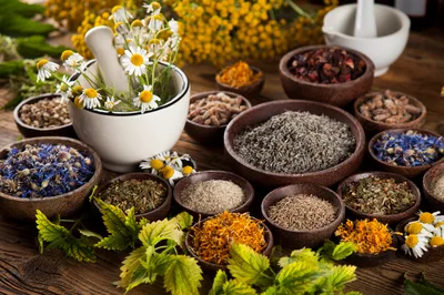 Assorted Dried Herbs and Flowers in Wooden Bowls