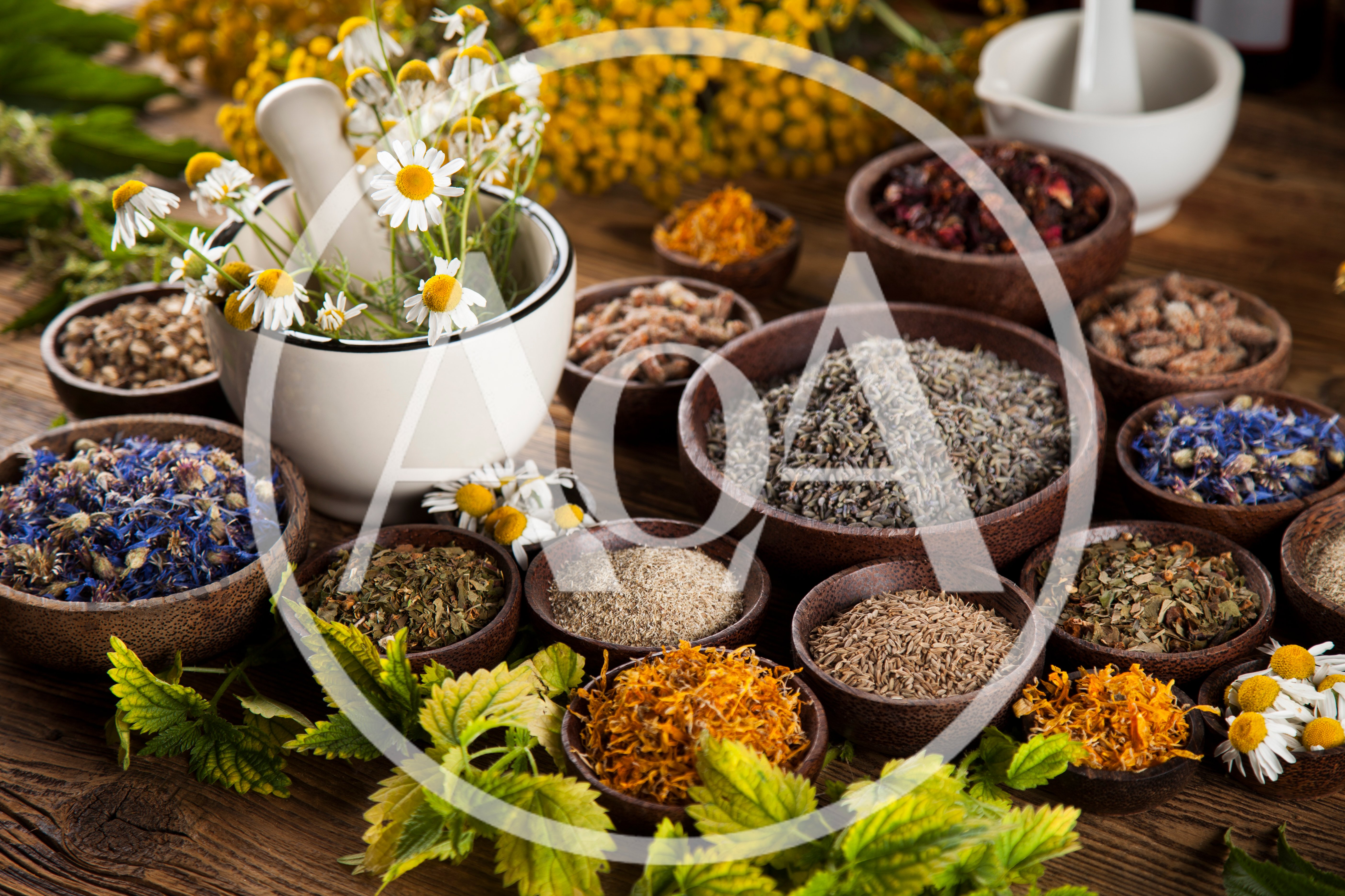 Assorted Dried Herbs and Flowers in Wooden Bowls