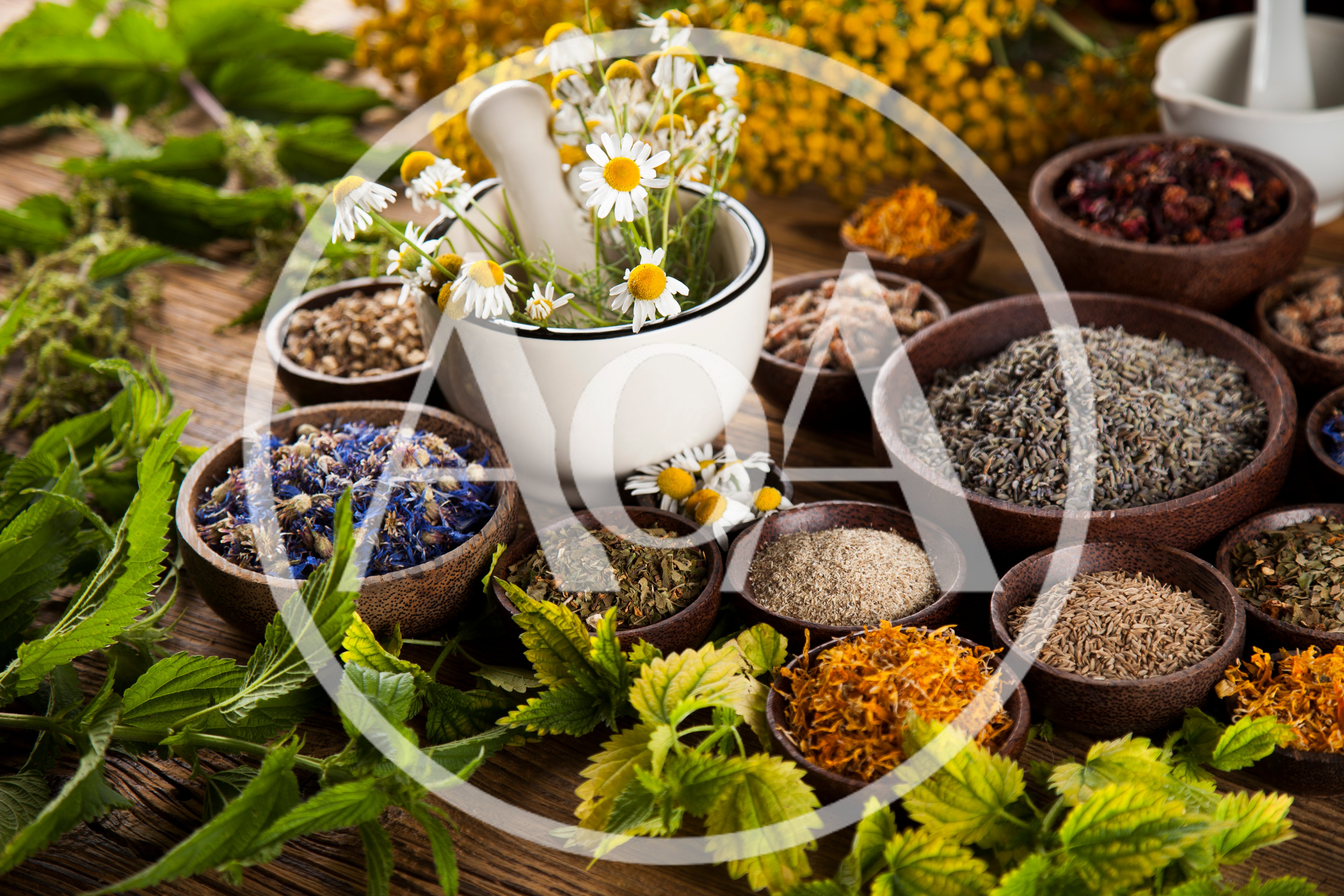 Assorted Dried Herbs And Flowers In Wooden Bowls