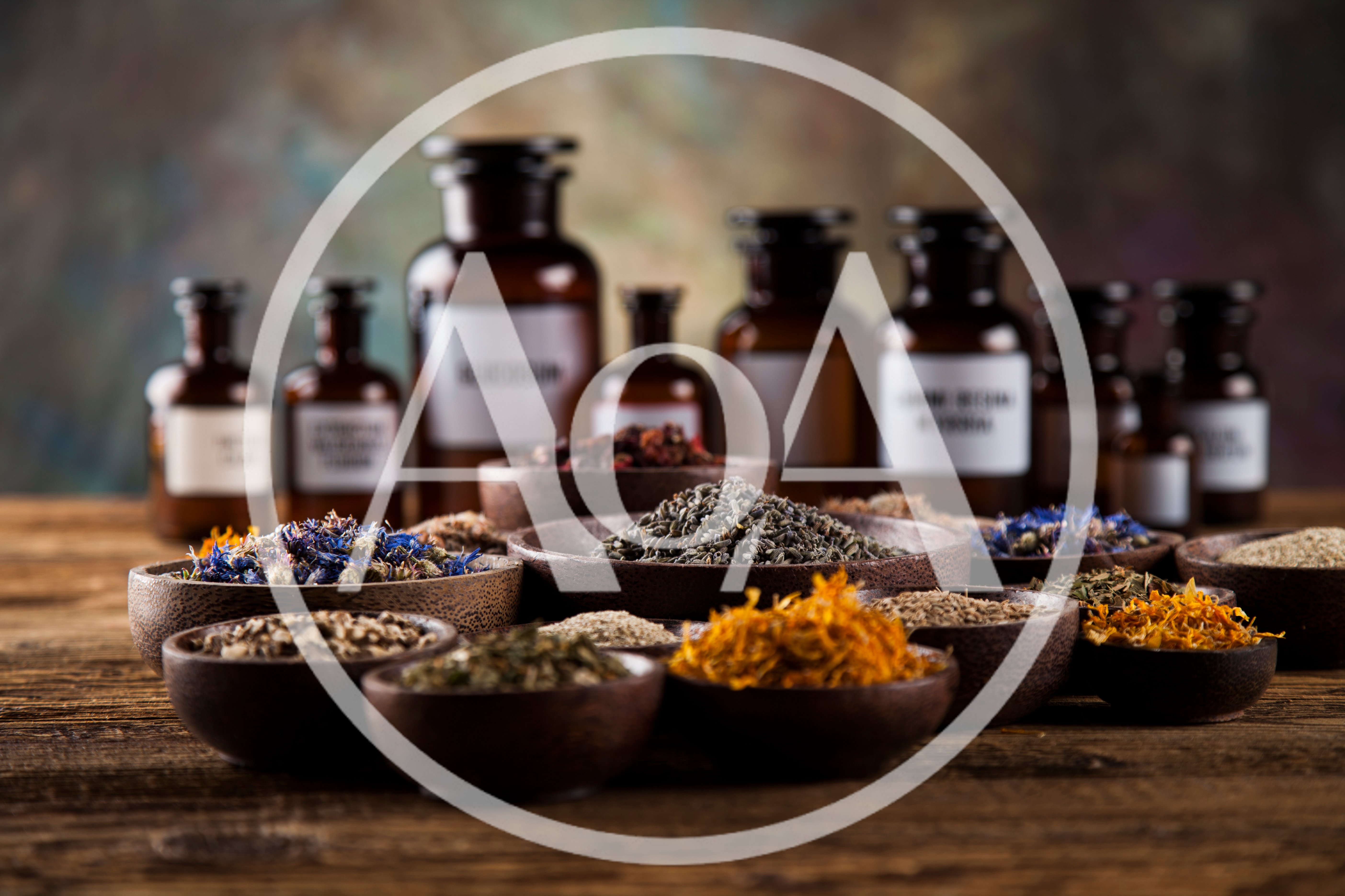 Assorted Dried Herbs and Apothecary Bottles