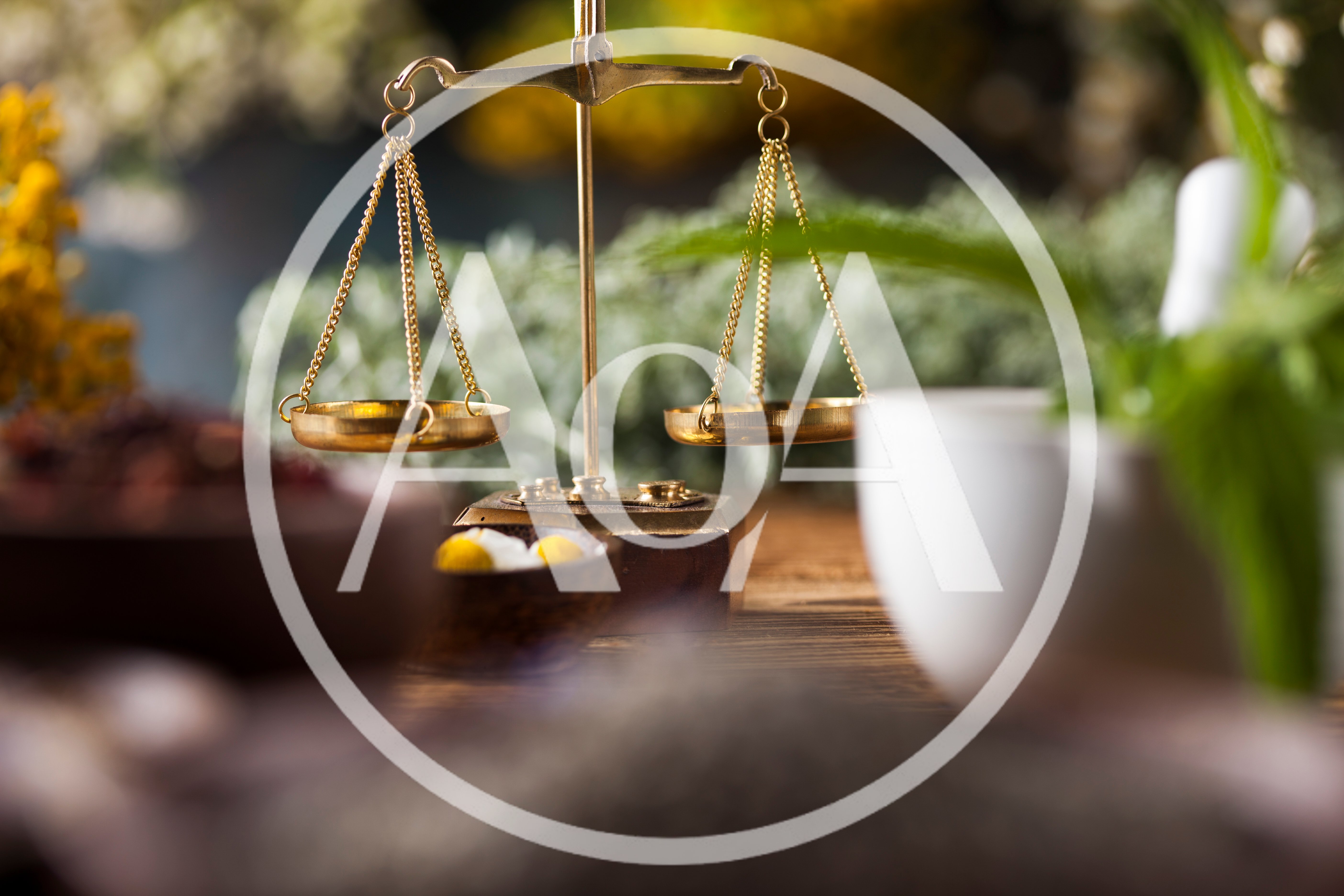 Golden Balance Scale With Medicinal Herbs And Mortar
