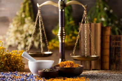 Herbal Medicine Preparation With Mortar And Scales