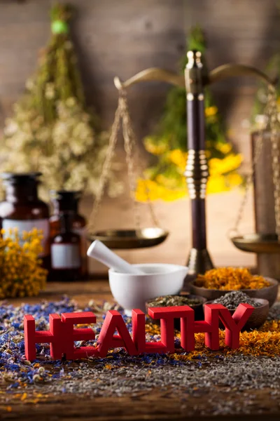 Healthy Herbal Medicine Concept with Dried Herbs and Scales