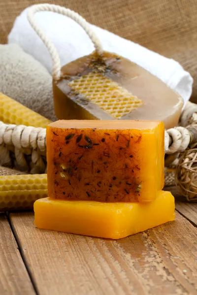 Handmade Natural Honey Soap Bars on Wooden Table