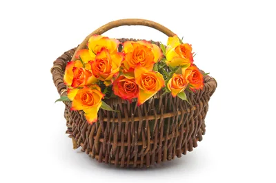 Wicker Basket Filled With Vibrant Orange And Yellow Roses