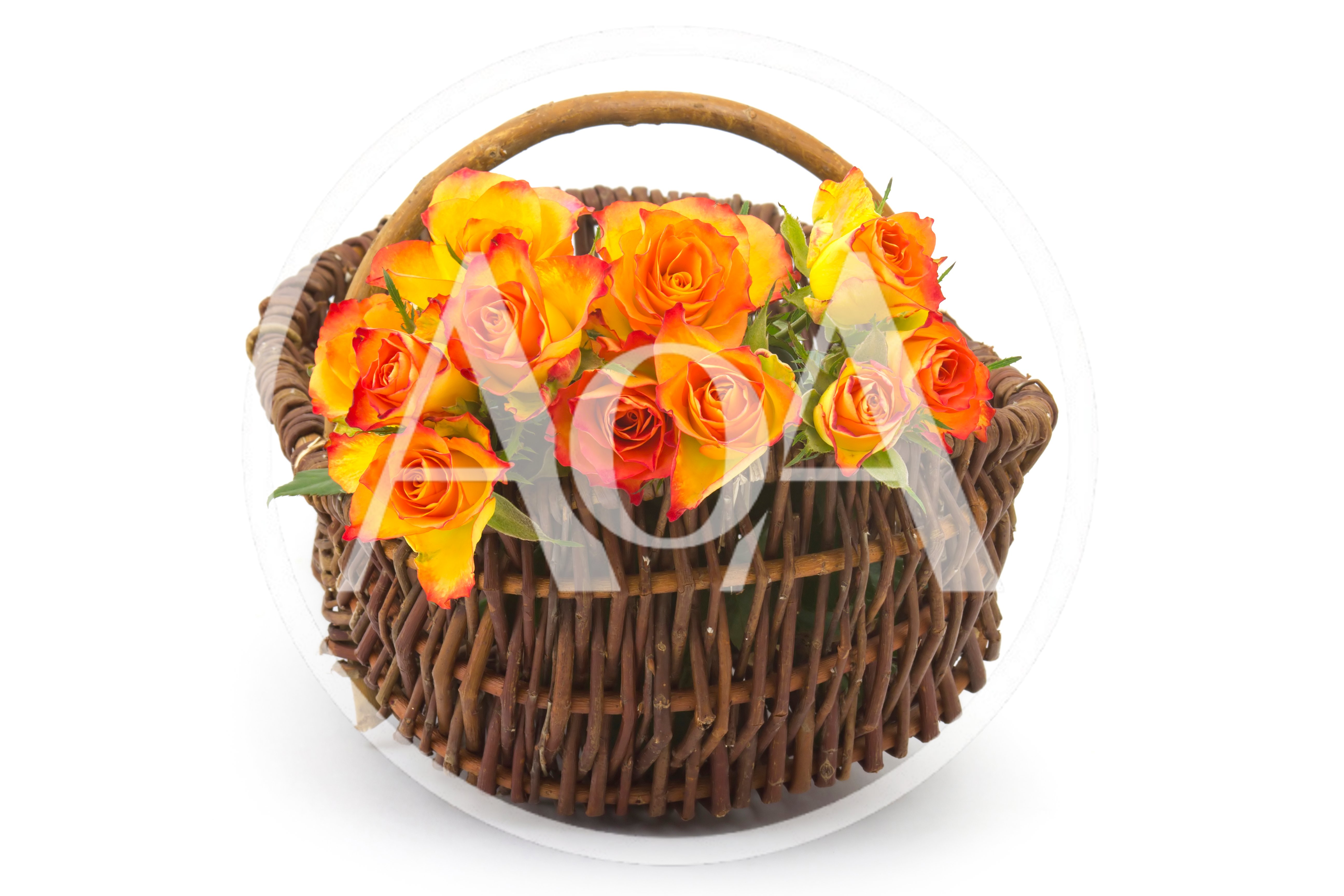 Wicker Basket Filled With Vibrant Orange And Yellow Roses