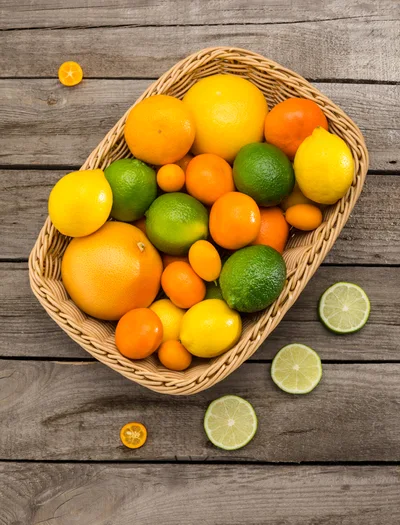 Assorted Citrus Fruits In A Wicker Basket