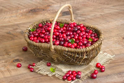 Fresh Cranberries In A Woven Basket On Wood