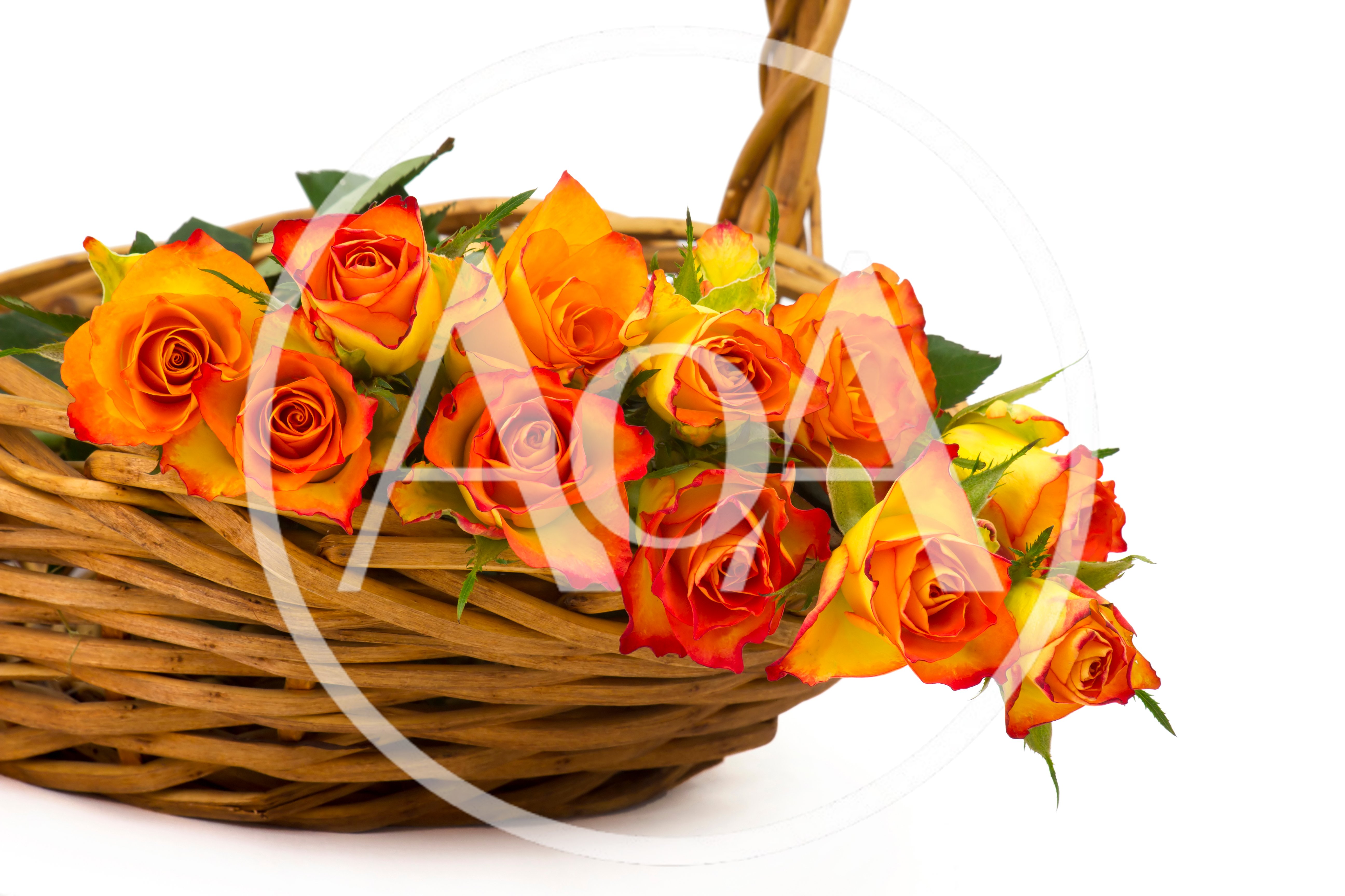 Orange And Yellow Roses In A Wicker Basket