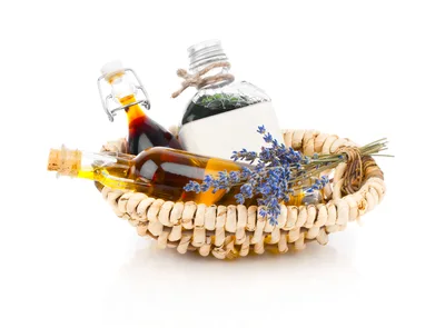 Wicker Basket With Essential Oils And Lavender