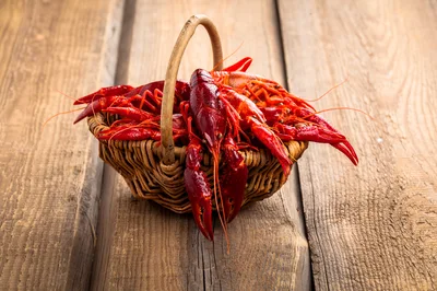 Fresh Boiled Crawfish In A Wicker Basket