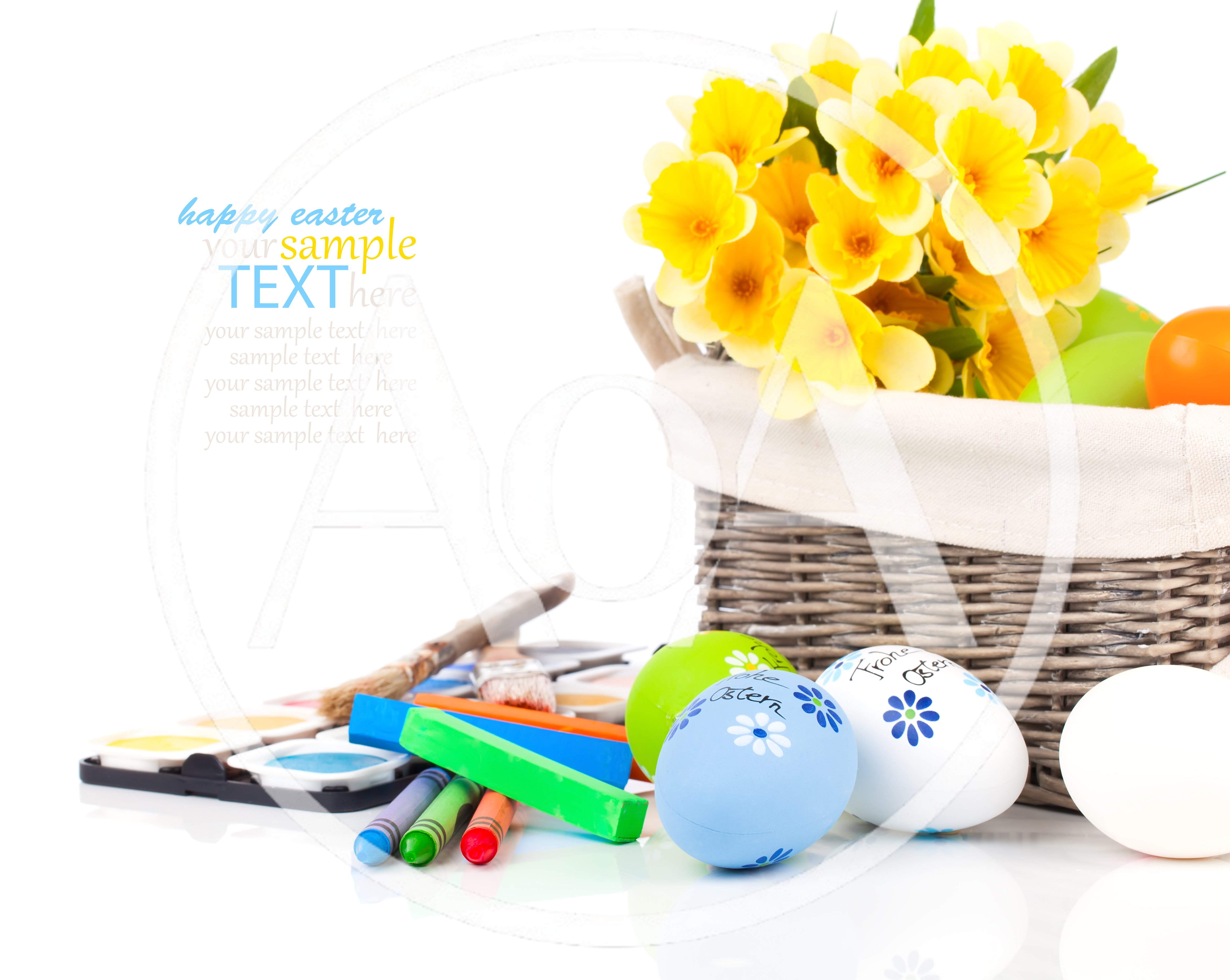 Easter Basket with Daffodils and Decorated Eggs