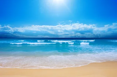 Tropical Beach Shoreline With Gentle Waves And Blue Sky
