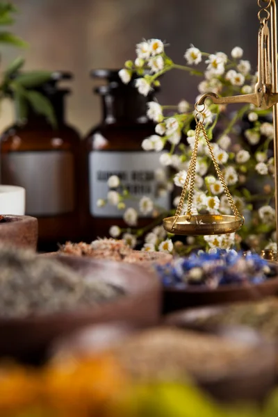 Herbal Medicine Preparation With Apothecary Scales And Dried Herbs