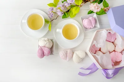 Tea Time With Heart Shaped Marshmallows And Lilacs