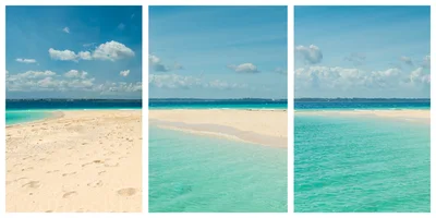 Triptych View Of A Tropical Sandbar And Ocean