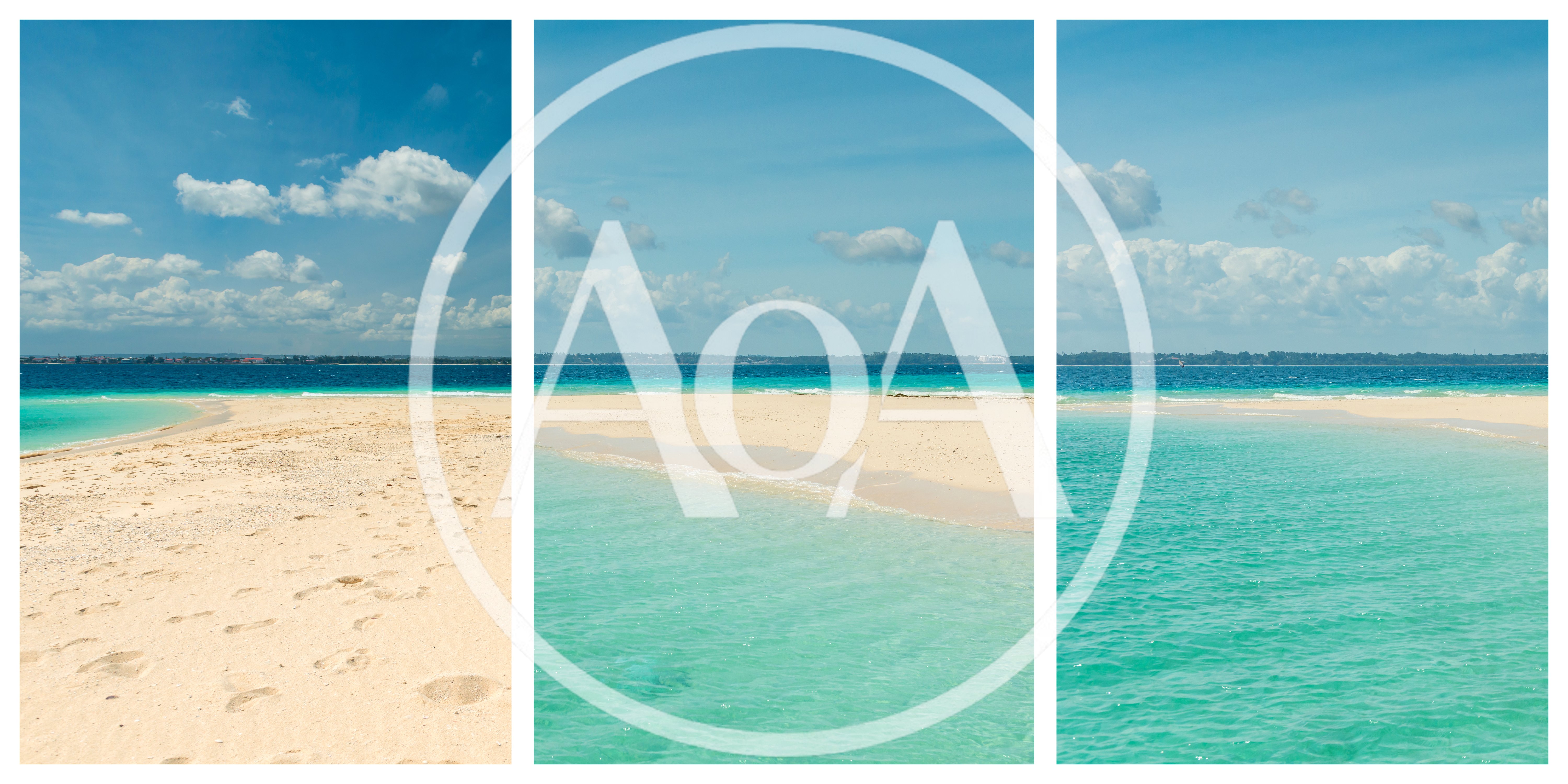Triptych View Of A Tropical Sandbar And Ocean