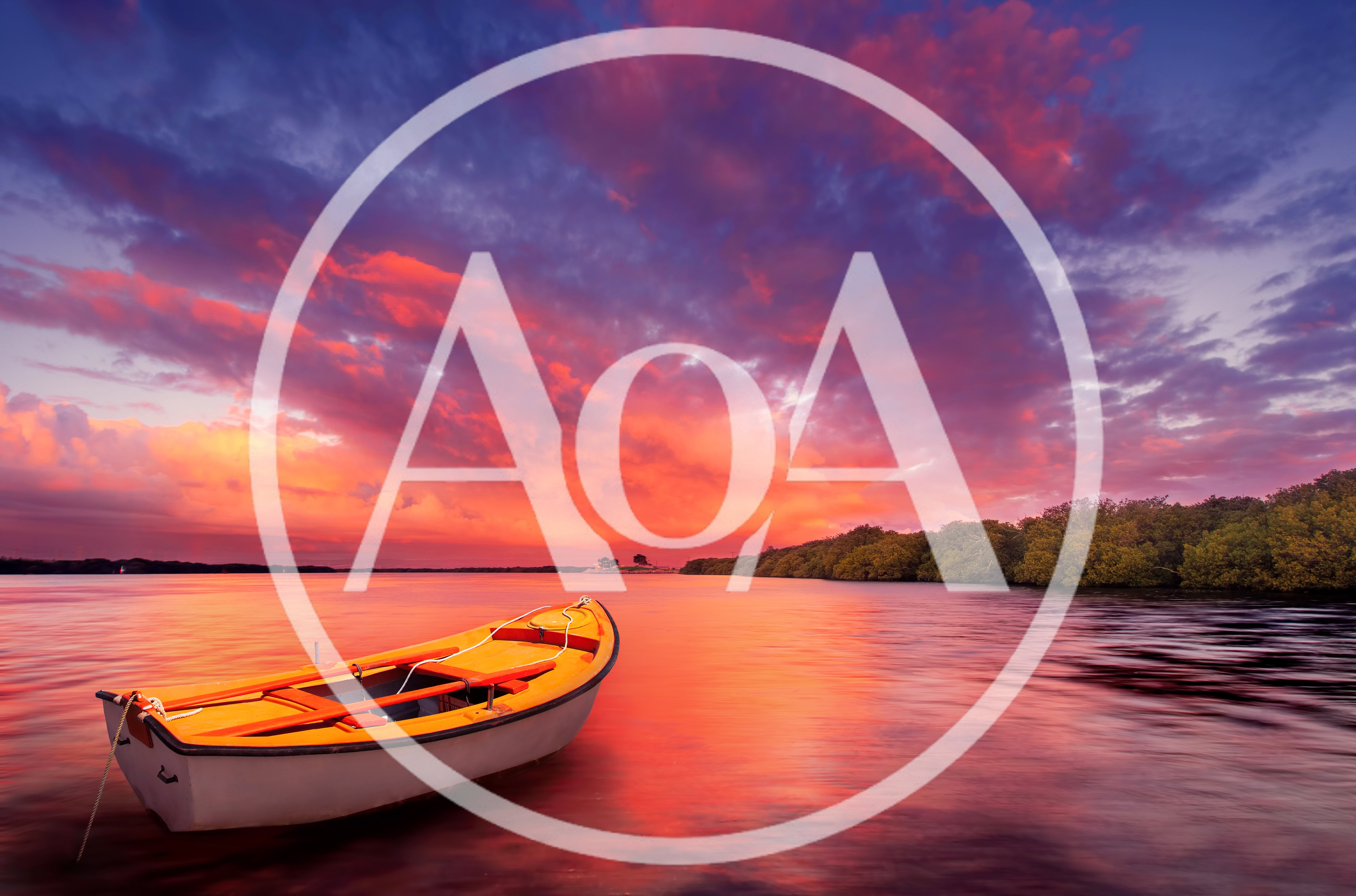 Small Orange Rowboat Floating on Calm Water at Sunset
