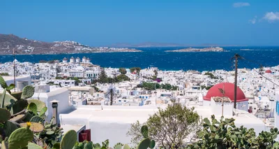 Panoramic View Of Mykonos Town With Iconic Windmills