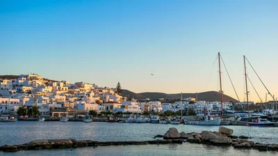 Scenic Harbor View Of Naoussa Village In Paros Greece