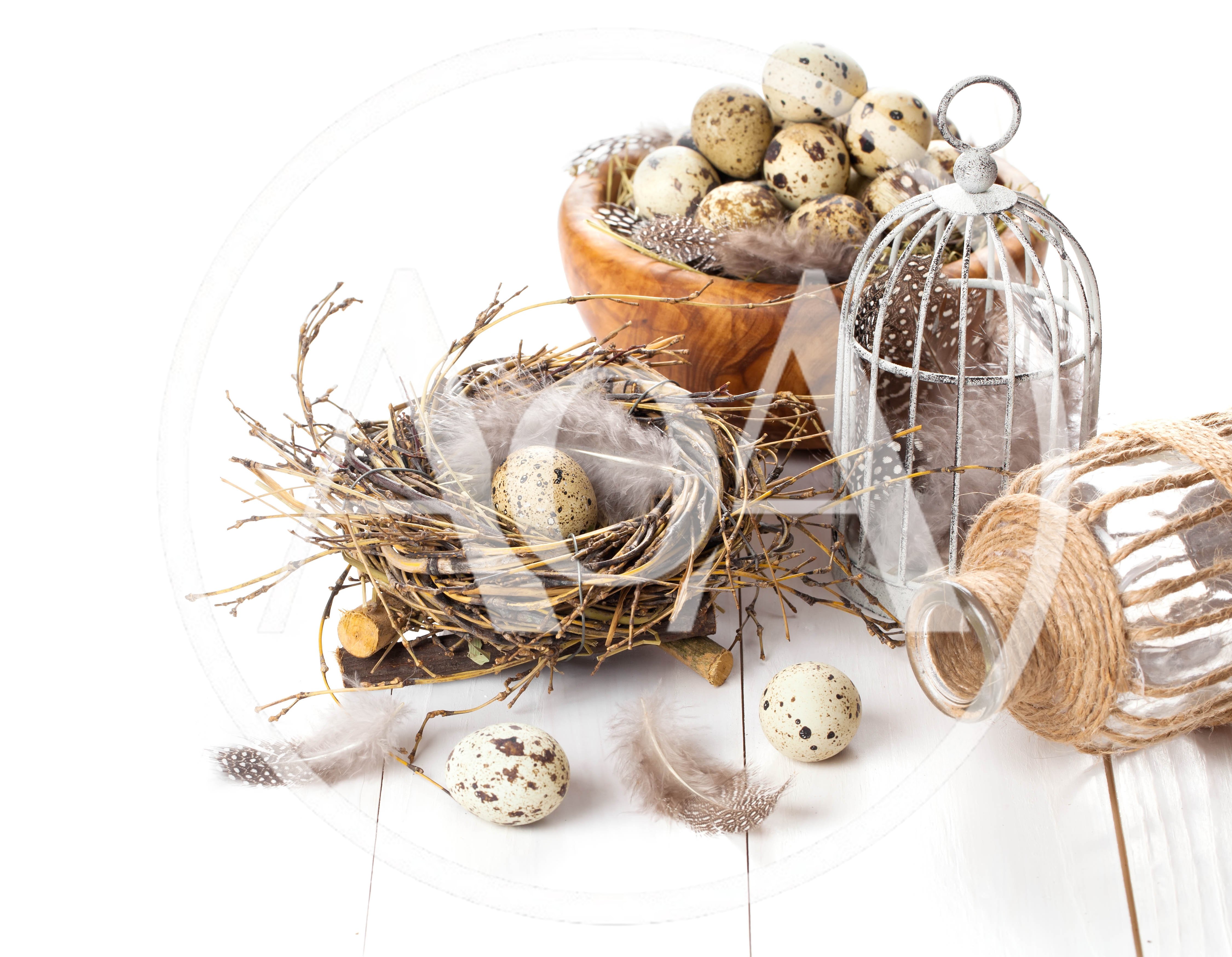 Quail Eggs in Nest and Wooden Bowl