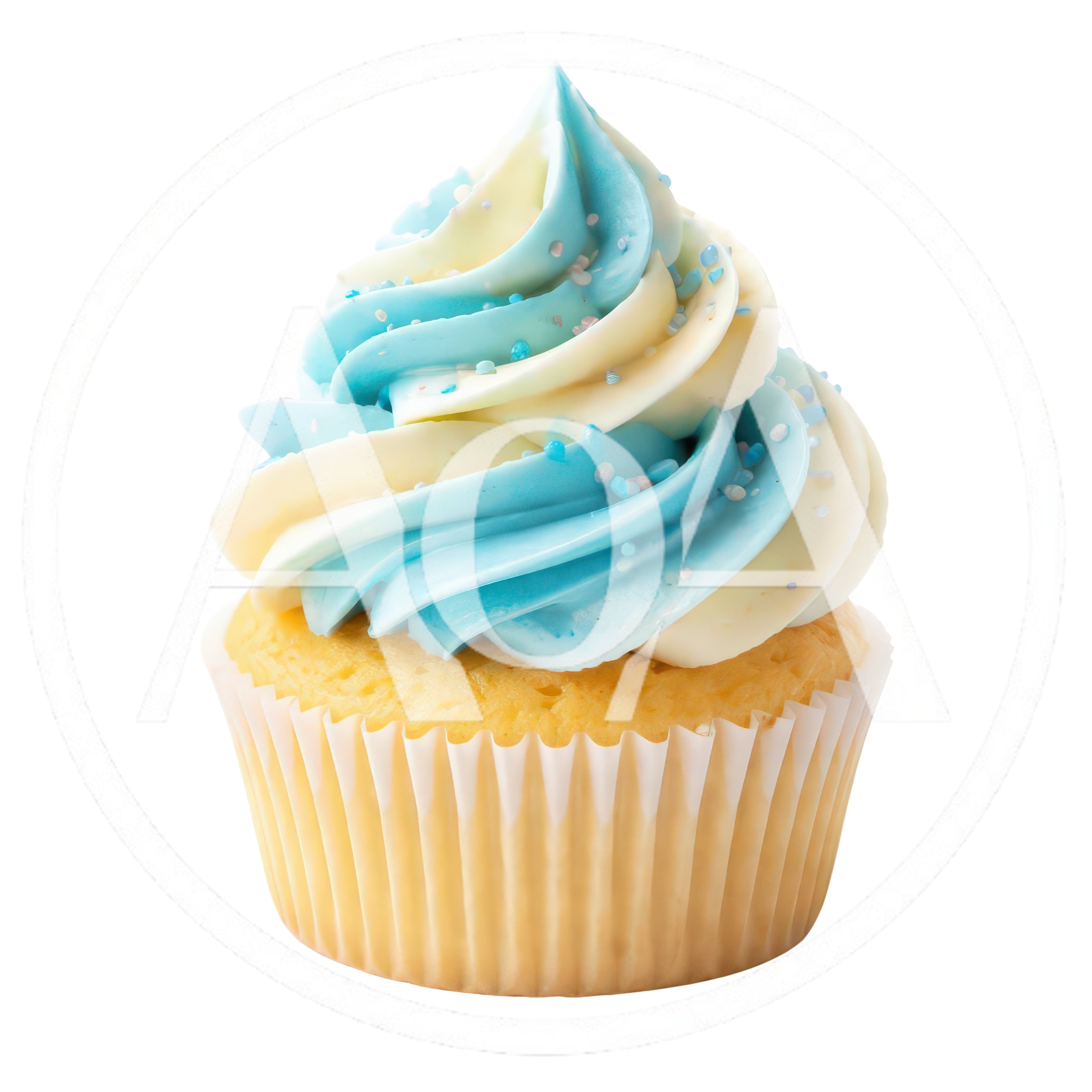 Single Vanilla Cupcake With Blue And White Swirled Frosting