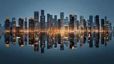 Modern City Skyline Reflecting On Calm Water