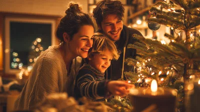 Family Decorating Christmas Tree Together At Home