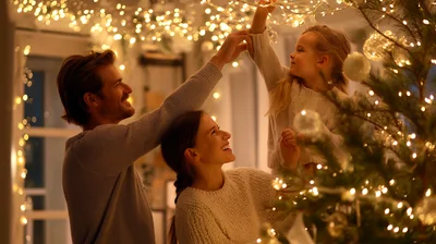 Family Decorating Christmas Tree With Fairy Lights