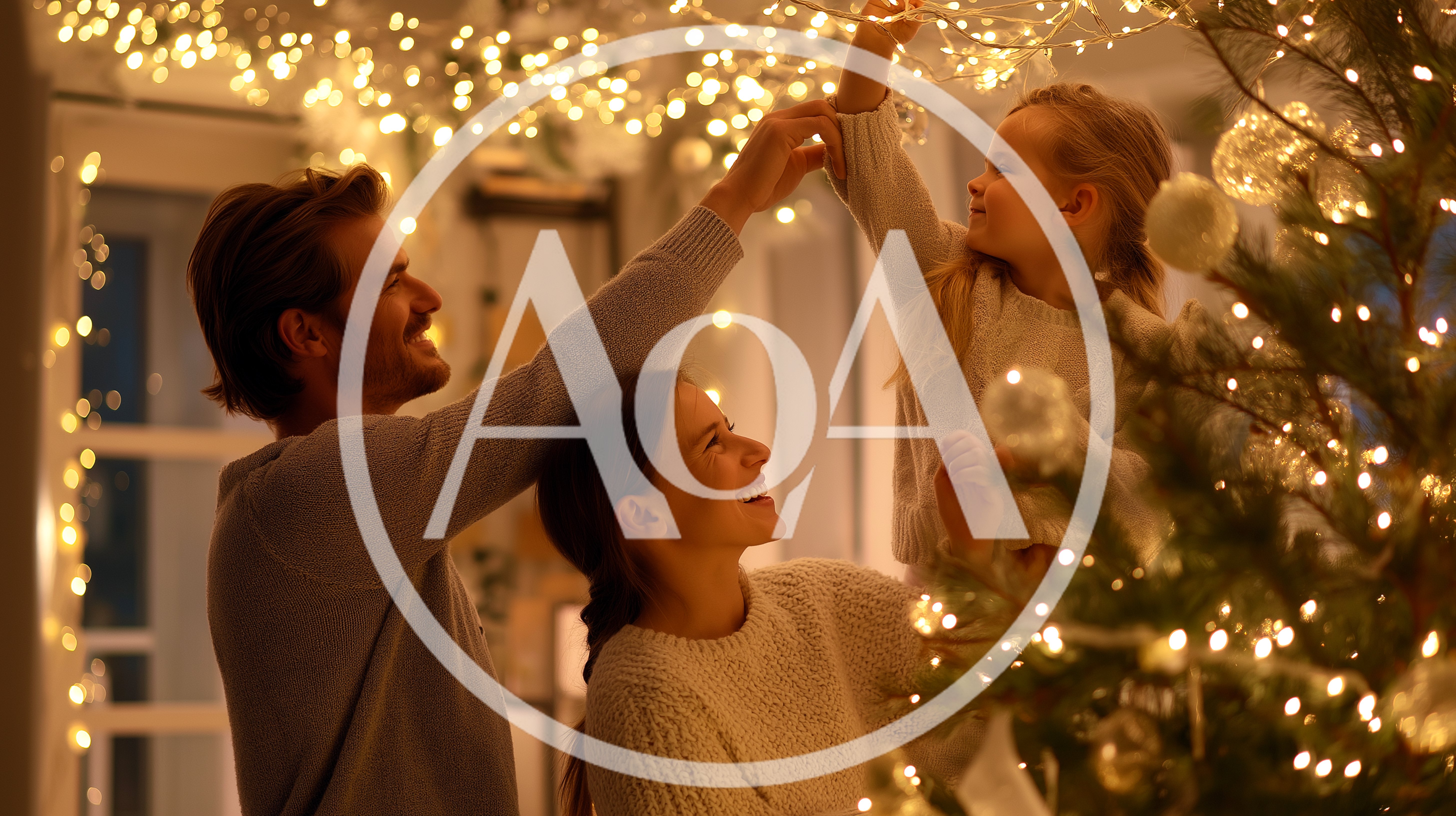 Family Decorating Christmas Tree With Fairy Lights