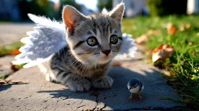 Cute Tabby Kitten With Angel Wings And Small Bird