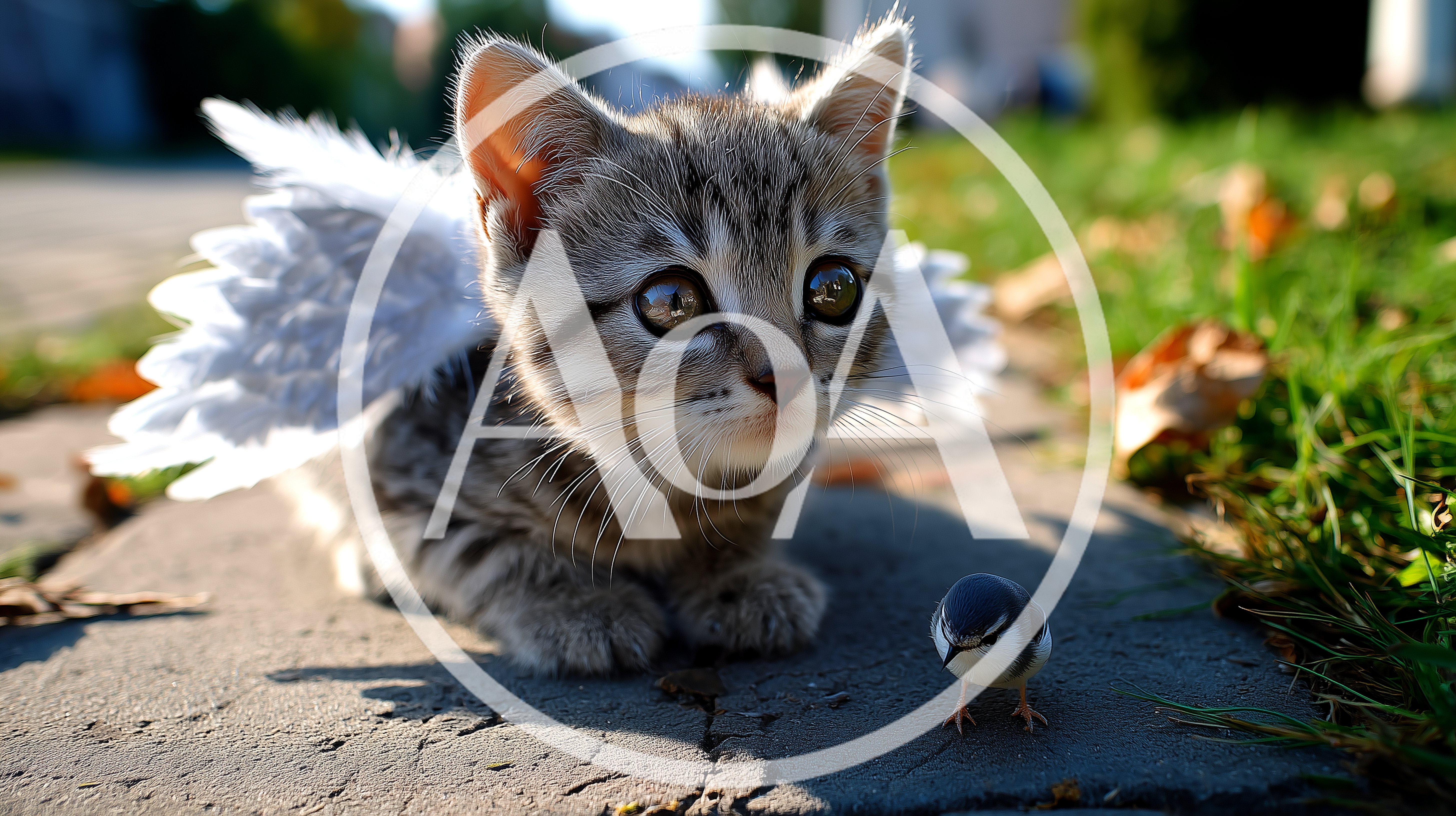 Cute Tabby Kitten With Angel Wings And Small Bird