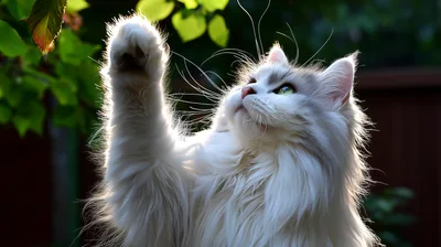 Fluffy White Cat Reaching For Green Leaves