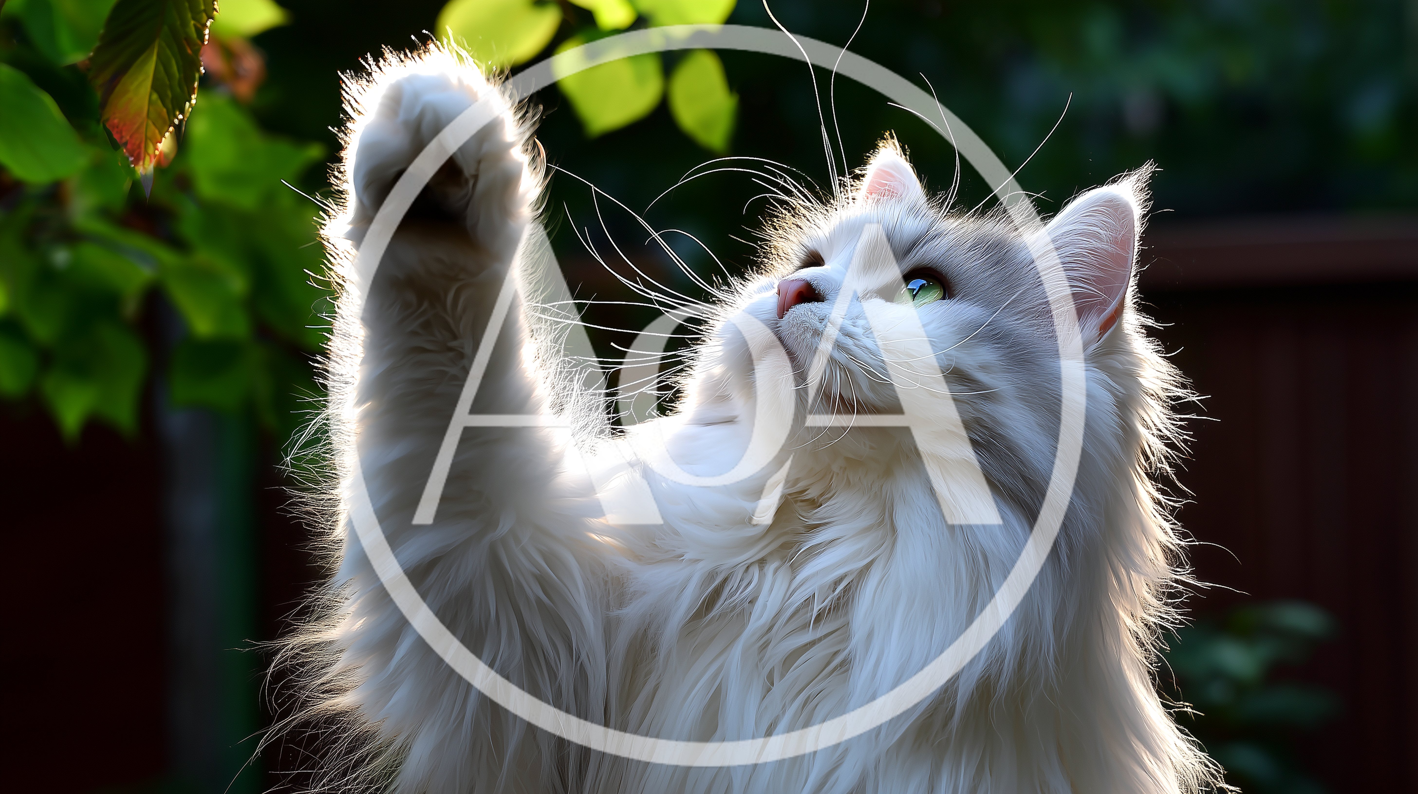 Fluffy White Cat Reaching For Green Leaves