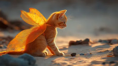Cute Ginger Kitten Wearing Fairy Wings On Sandy Beach