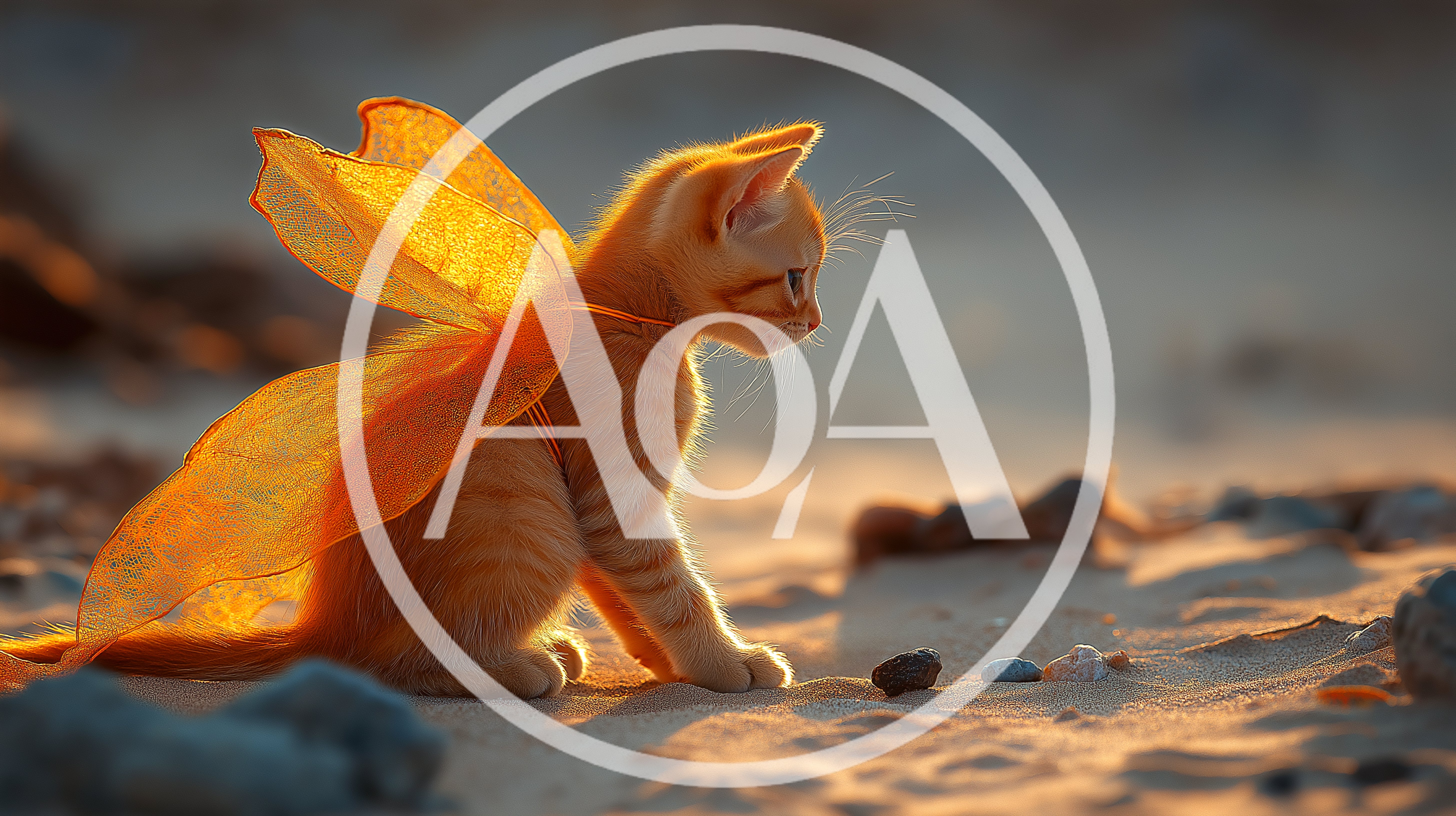 Cute Ginger Kitten Wearing Fairy Wings On Sandy Beach